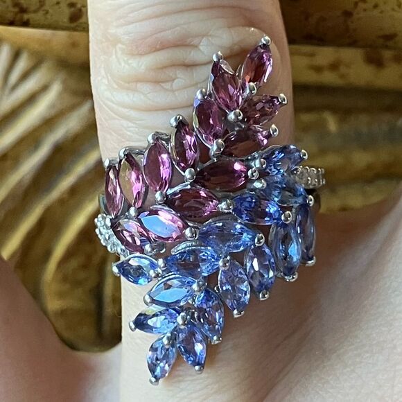 Natural Tanzanite Pink Tourmaline Sterling Silver Ring Size 6 - Picture 1 of 9